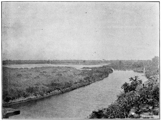 Black and white photo of View East from Bridge, Geuda Springs.