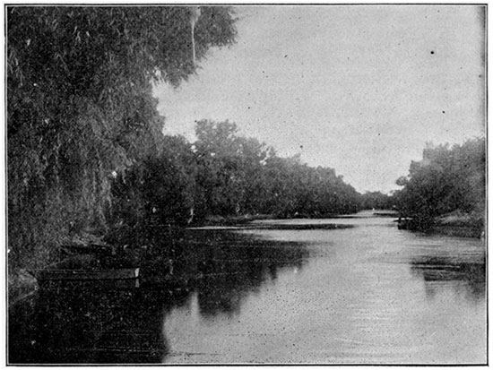 Black and white photo of Looking up the Verdigris, Independence.