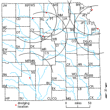 map of eastern Kansas showing sources NOT along river