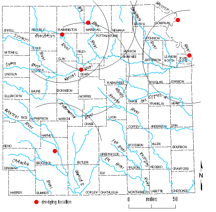 map of eastern Kansas showing sources NOT along river