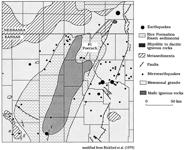 Microearthquakes located mostly outside zone of mafic igneous and Rice Fm zone.