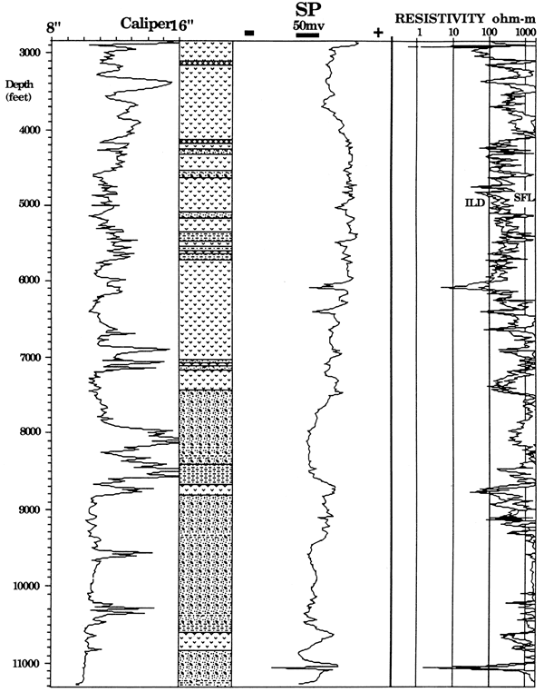 Caliper, SP, and resistivity logs for Poersch 1; depth from 3000 to 11000, also has chart of rock types.
