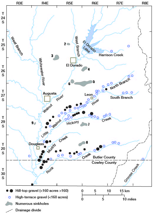 Gravels mostly along Rock, Muddy, Little Walnut, and Hickory creeks; sinkholes inbetween drainages in line South of El Dorado and also to NW of El Dorado.