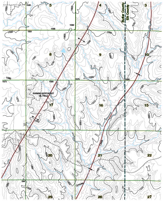 Syncline trough follows track of Grouse Creek; to west a mile or so is an anticline.