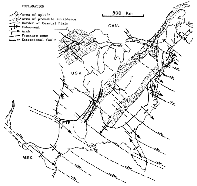 Eastern 2/3 of US showing large scale tectonic feaures.