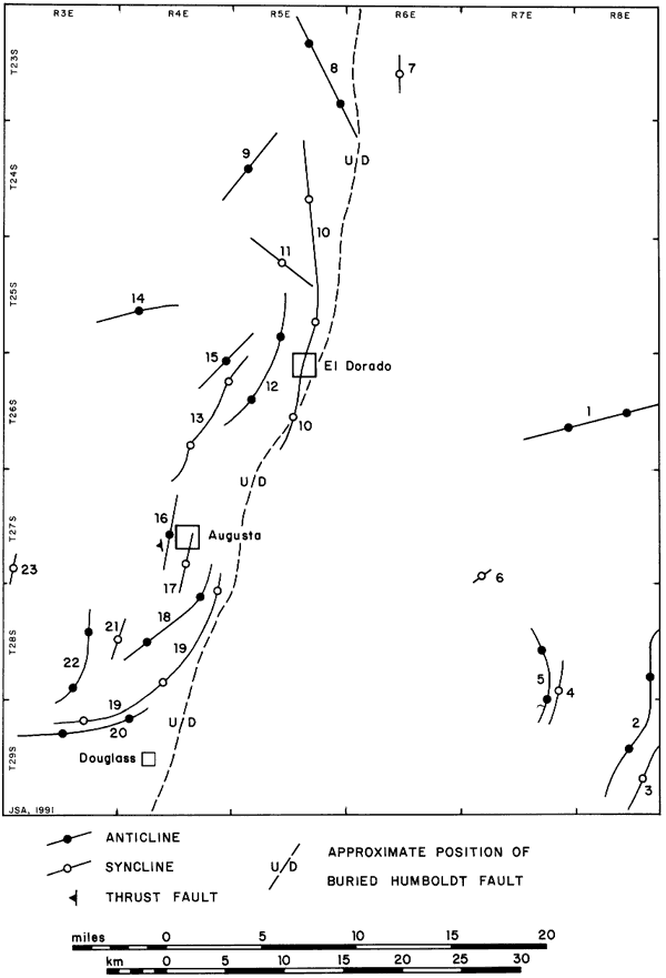 Most structures listed on this map are to west of Humboldt Fault zone; an additional small grouping is in southeast corner of map.