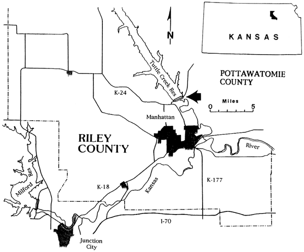 map of Riley County; spillway located north of Manhattan about 5 miles