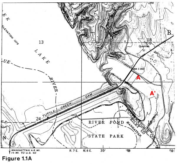 part of topo map showing cross section runs on east side of spillway