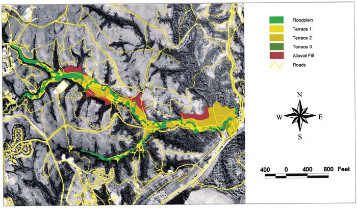 Aerial photo of Forsyth Creek area with floodplain, terraces, other features shown.