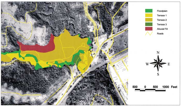 Aerial photo of confluence of Forsyth and Threemile creeks area with floodplain, terraces, other features shown.