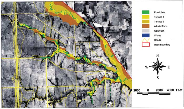 Aerial photo of Little Arkansas Creek-Upper Wildcat Creek area with floodplain, terraces, other features shown.