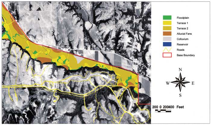 Aerial photo of Lower Wildcat Creek area with floodplain, terraces, other features shown.