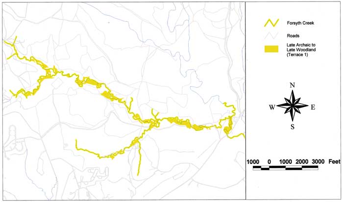 Map of Forsyth Creek area with Late Archaic to Late Woodland sediments shown.