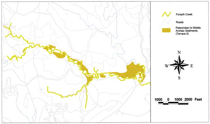 Map of Forsyth Creek area with Paleoindian to Late Archaic sediments shown.