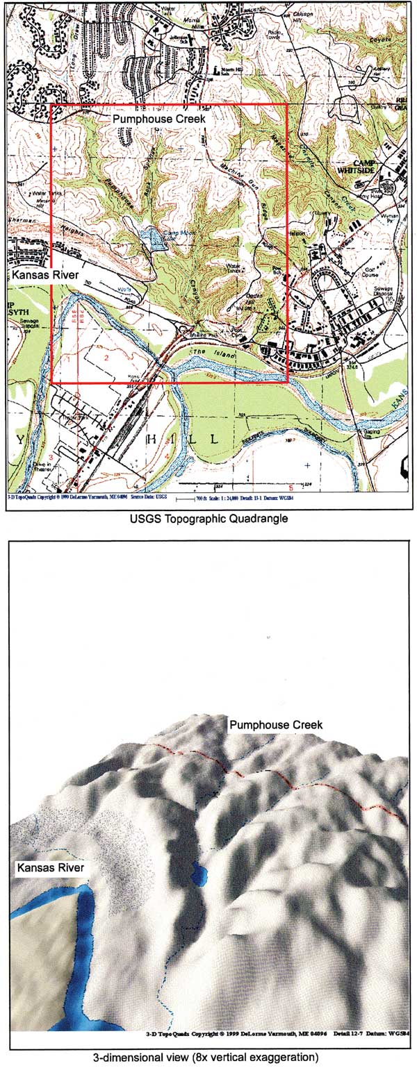 3-D imaging of drainage basins (gray scale) shown with topographic view; Pumphouse Creek.