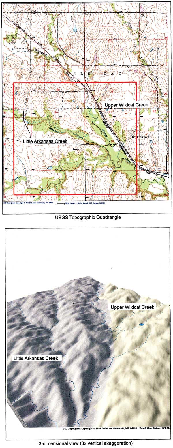 3-D imaging of drainage basins (gray scale) shown with topographic view; Upper Wildcat Creek and Little Arkansas Creek.