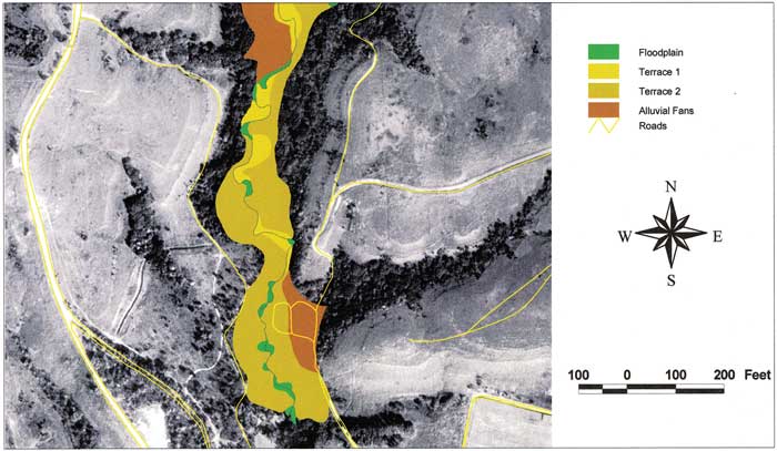 Aerial photo of Lower Breakneck Creek area with floodplain, terraces, other features shown.