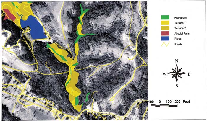 Aerial photo of Lower Pumphouse Creek area with floodplain, terraces, other features shown.