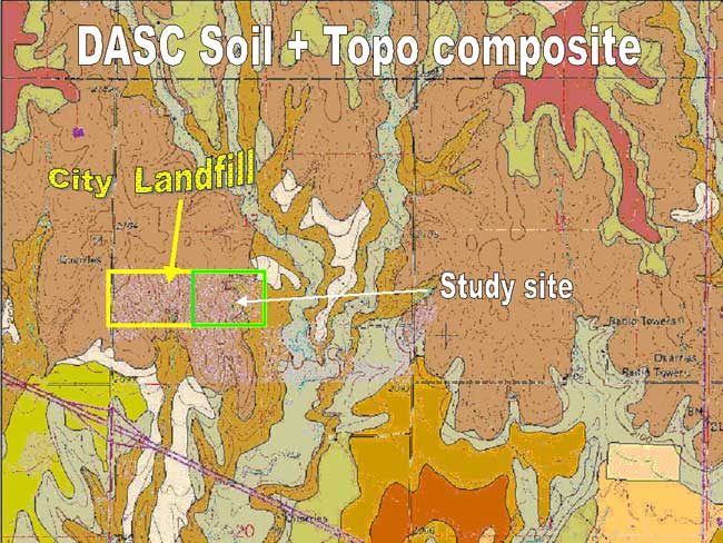 overview map of landfill area with GIS layers of soil cover and topographic surface