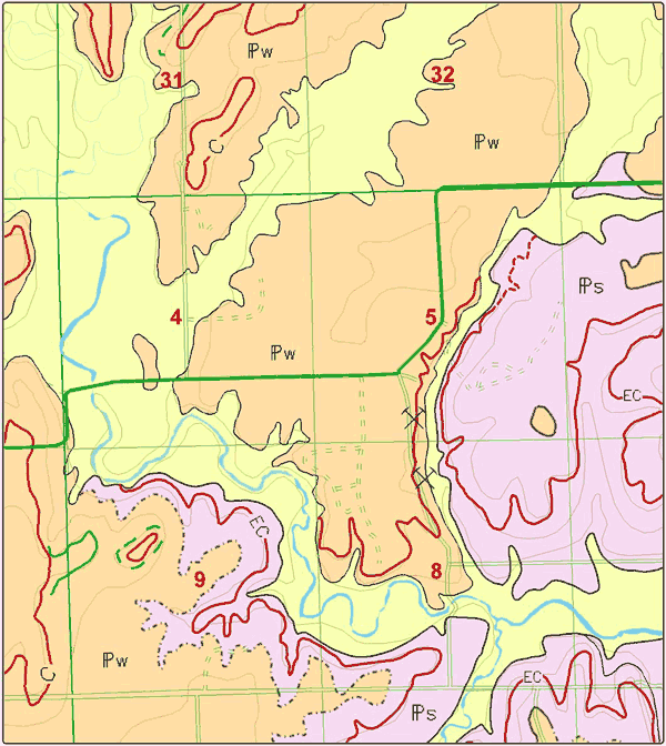 map of study area; localities scattered throughout area, concentrated along streams