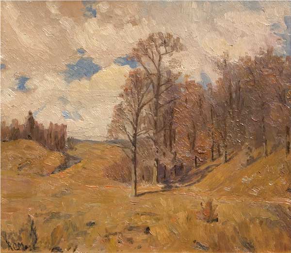 Oil painting of fall scene of trees (gold and brown), blue sky with clouds, tan grasses in pasture