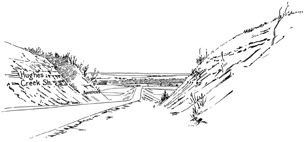 Pen and ink drawing of steep roadcuts on both sides of road; road vanishes into valley in center of drawing