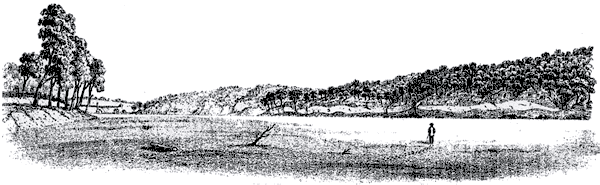 black and white drawing of man walking in pasture or river valley, taller bluff in background