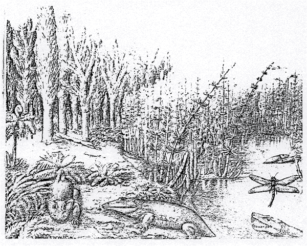 black and white drawing of recreated prehistoric scene