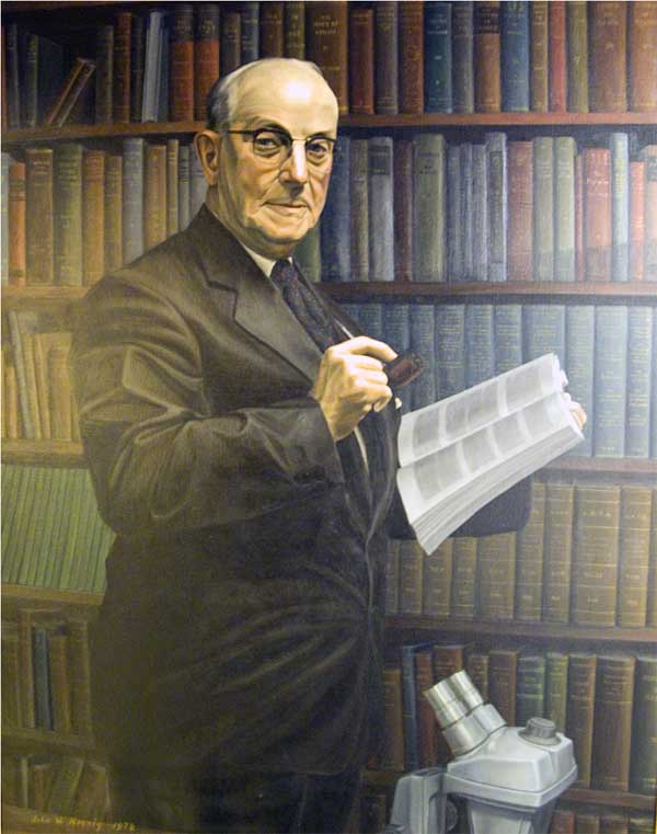 painting of R.C. Moore standing in front of bookshelves, holding a pipe and an open book