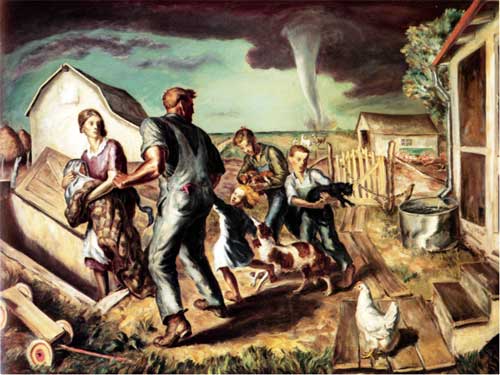 Painting of farm family hurrying to tornado shelter as storm approaches.