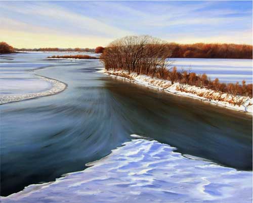 Painting of Kansas River in winter; snow covers surrounding fields; river is dark blue and black; trees and shubs are brown and orange; sun in low in cloudy sky.