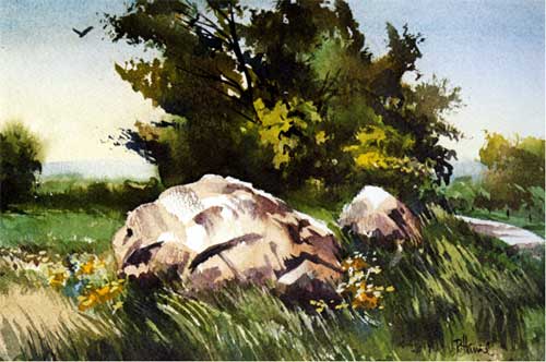 Painting of tree in spring/summer; two large boulders in foreground; tall grasses around rocks; hawk in gray-blue sky.