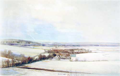 Painting of snowy valley; farm and brown trees in center of painting; gentle hill in background.