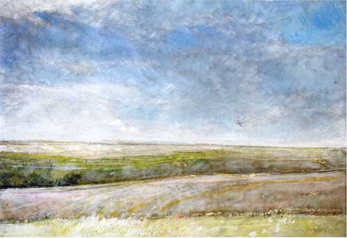 Painting of snowy valley; farm and brown trees in center of painting; gentle hill in background.