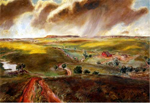 Painting of grassy hills and red questas; road with red ruts from foreground to background; farm in valley; isolated rainshower in background.