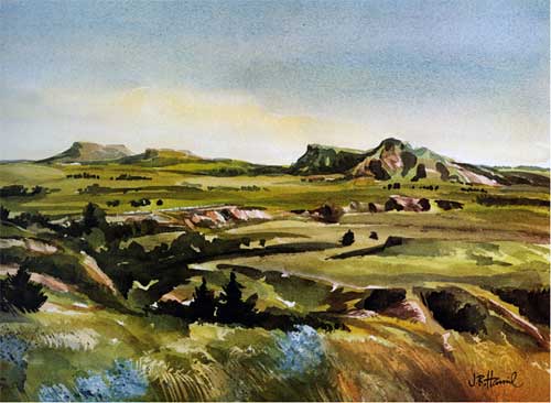 Painting of grassy hills and red questas; no signs of people.