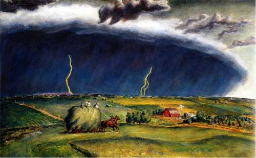Painting of thunder storm approaching farm; dark blue clouds with lightening; on hill is a wagon carrying a load of hay.