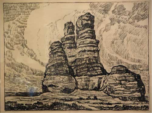 Lithograph of three towers of Castle Rock; black linework on brown paper.