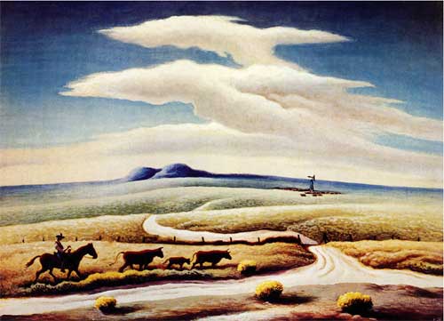 Painting of cowboy herding cattle along a dirt road; windmill inbetween road in forgreound and small pair of hills in far back; dark blue sky with two large clouds.