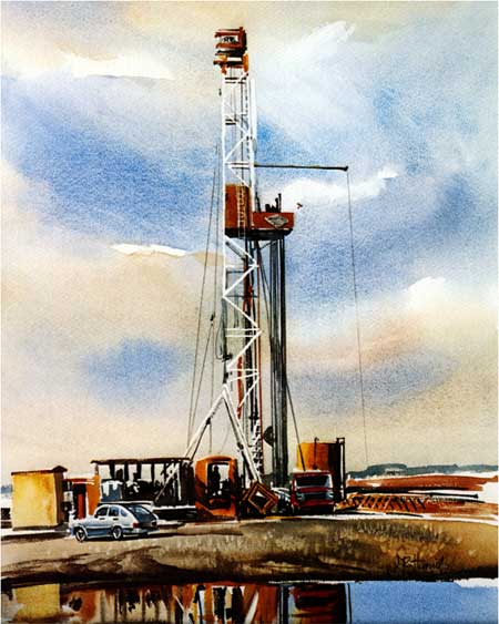 Painting of drill rig next to small pond; mixed sky with bright light.