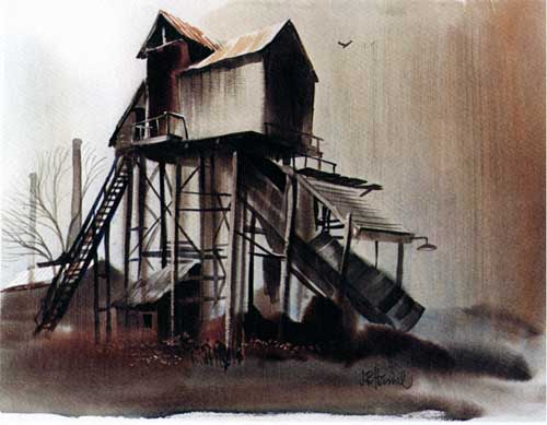 Painting of shed up on pylons; steep stairway to rear of shed; coal chute in front; looks to be dusk or a rainy gray day.