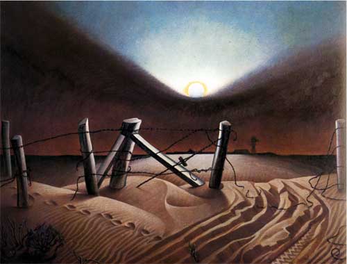 Painting of sand dunes surroundung broken barb wire fence; sky is dark black and red from sandstorm; sun shines above the dark cloud.