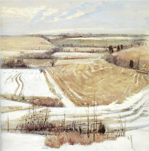Painting of gentle grass-covered hills in winter; leaveless shrubs at edge of fields; tan grasses with snow in spots.