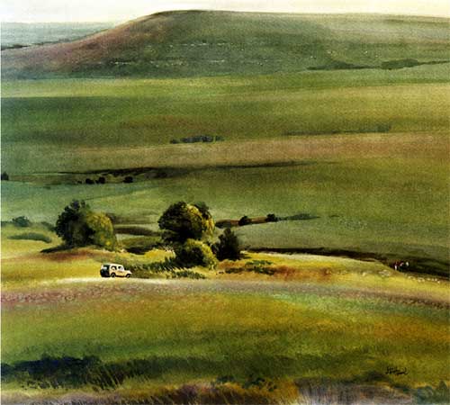 Painting of gentle, green hills on central Kansas; jeep on road crossing painting; a few trees in low point between two hills; all grassland in painting with very little sky.