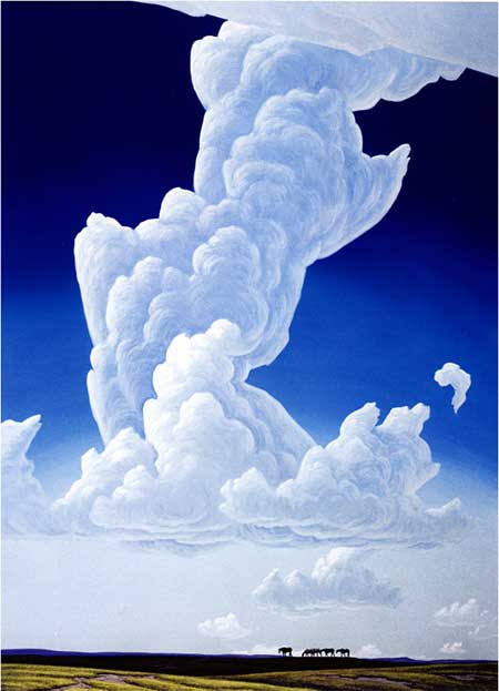 Painting of tall white thunderhead in intense blue sky; small piece of earth at bottom with horses (in outline) on horizon.