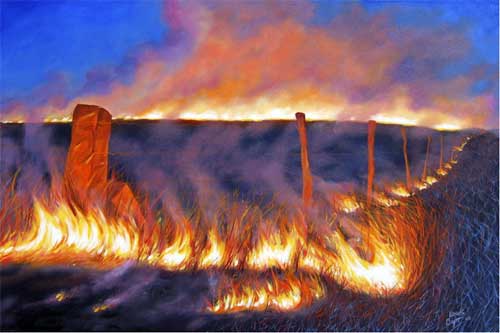 Painting of evening on flint hills; grassfire at crest of hill in background; fire around fenceline in forground.