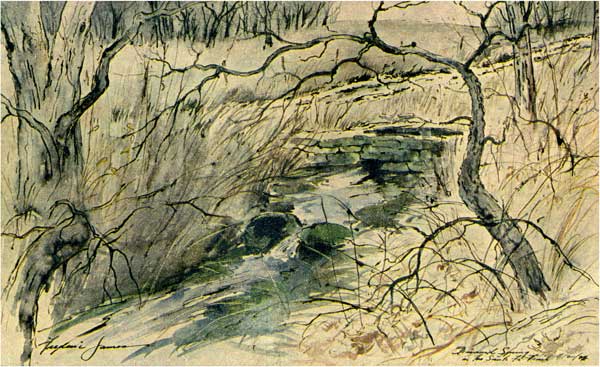 Watercolor of winter scene; small stream emerging from outcrop, flows over boulders; road and wire fence in background.