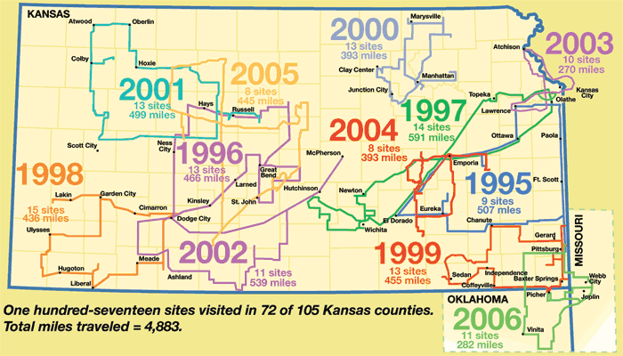 Trips have covered all parts of the state.  The 2006 trip covered 282 miles in Kansas, Oklahoma, and Missori
