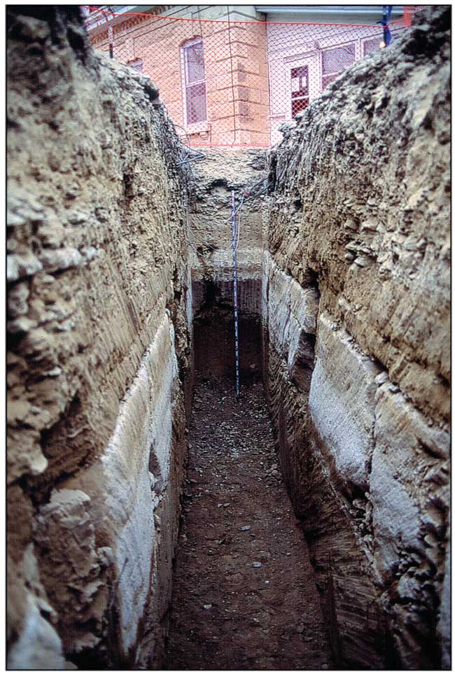 Color photo looking into trench back toward house.