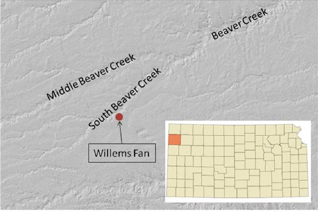 Black and white shaded relief map shows location of fan along South Beaver Creek.